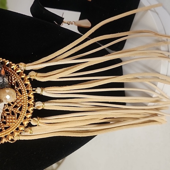 Unique Ivory Cord Multi Media Necklace AB Glass Earrings Set - Picture 13 of 13